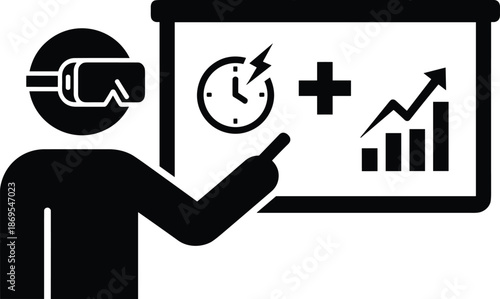 VR teacher presenting data analytics concept illustration, virtual reality education training, performance growth chart, time management symbols, black white vector