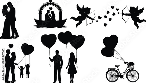 Black silhouettes of romantic couples and heart shapes love valentines day romance