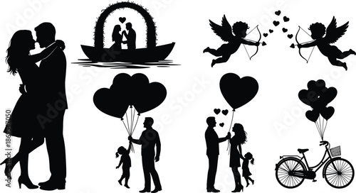 Black silhouettes of romantic couples and love symbols romance valentines day heart balloons