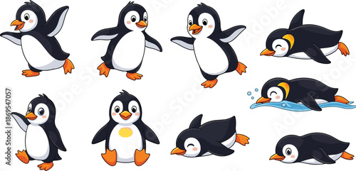 Cute penguin character bundle set featuring various poses like sliding, waving, and jumping, adorable arctic animal vector illustration isolated on white background for stickers