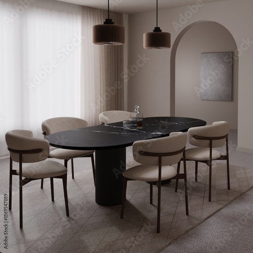 A minimalist dining room features a black oval table with beige chairs under pendant lights near an archway, created using Blender software.