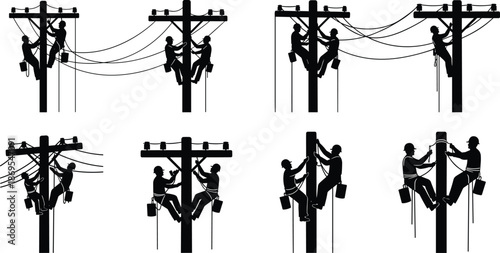 Electrical utility worker silhouette bundle set featuring linemen repairing power lines on wooden poles, professional electrician maintenance vector illustration isolated on white background