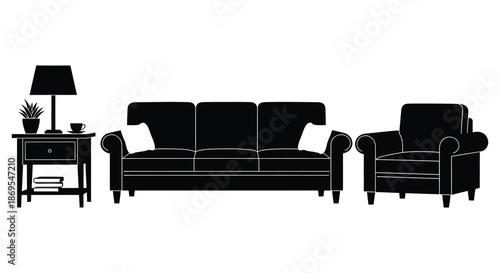 Black furniture set including sofa armchair and side table silhouette
