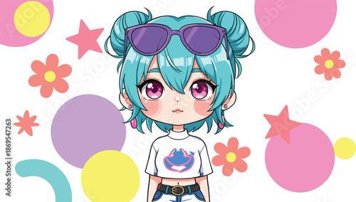 Stylized cartoon character with teal twin buns vector, vibrant background and playful fashion for youth, anime, and creative design themes