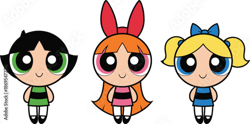 The Powerpuff Girls vector illustration featuring Buttercup, Blossom, and Bubbles, cute cartoon superhero sisters characters isolated on white background for creative graphic design projects