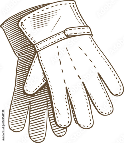 Leather gloves illustration protective handwear, vintage drawing warm winter accessory for outdoor use