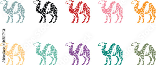 Camel silhouettes made of colorful dots, Abstract camel mosaic animal collection
