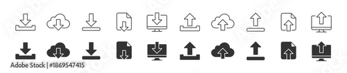 Download and Upload icon set. Containing uploading ,upload, document, link, download file, folder uploaded, arrow up, cloud upload and more, vector illustration . 