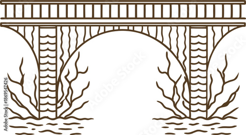 Arch bridge over river with bare trees and textured stone pillars illustration