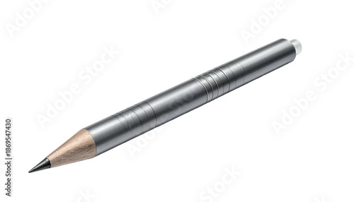A close-up shot of a metallic pencil, featuring a graphite tip and a sleek, cylindrical body. The background is completely black