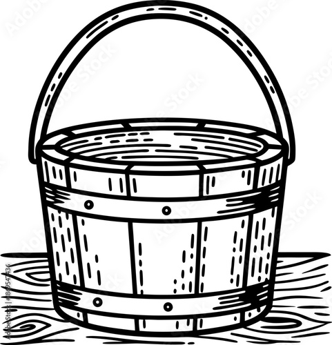 Wooden bucket with handle on wooden surface black and white vintage illustration