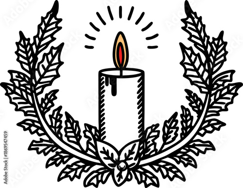 White candle with flame surrounded by holly leaves and berries for festive decoration