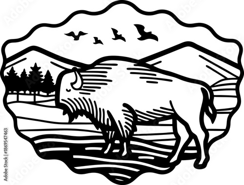 bison standing in a natural landscape with mountains, trees, and flying birds silhouette
