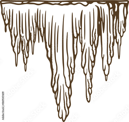Brown stalactites hanging from cave ceiling with natural mineral formations