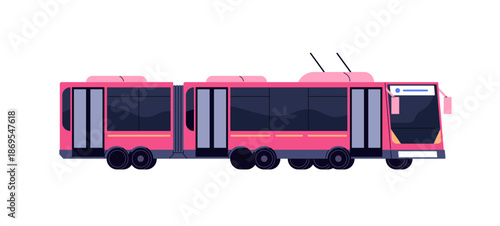 Eco clean trolleybus arrives to bus stop. Electric public transport with passenger moves on city road. Urban mass transit on sustainable energy. Flat isolated vector illustration on white background.