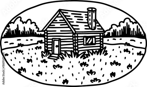 Rustic cabin in the countryside surrounded by tall grass and forest landscape drawing
