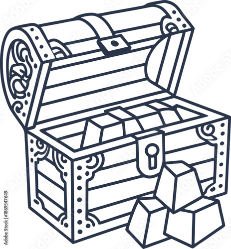 Open treasure chest filled with gold bars and coins, pirate loot and riches