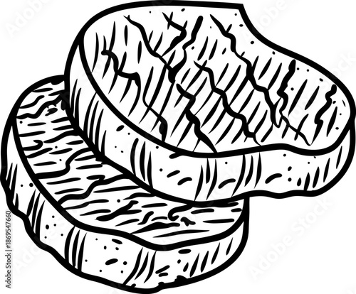 Grilled meat steaks illustration with char marks, two slices of barbecue beef or pork cut