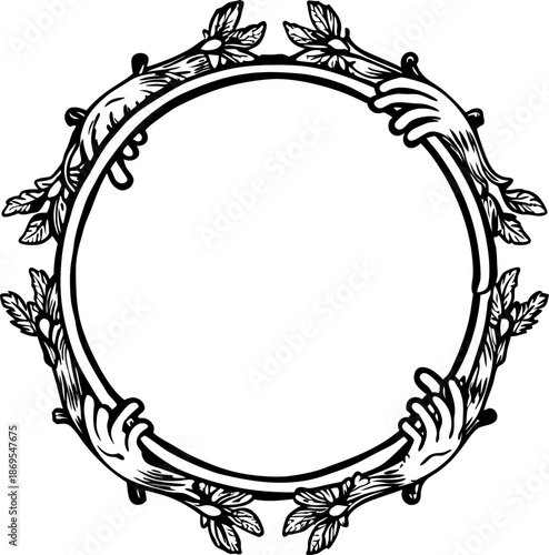 Circular frame decorated with leaves and four hands holding the ring symbolizing unity and connection