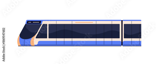 Subway train with carriages. City metro, urban mass transit. Electric public transport on underground station. Modern tram arrives to bus stop. Flat isolated vector illustration on white background.