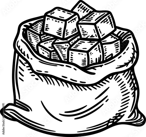 Sack filled with irregular sugar cubes vintage hand drawn sweet food illustration