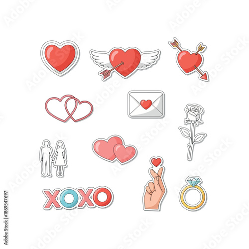 Collection of heart-themed illustrations, including hearts, couples, and symbols, on a white background, from a straightforward viewpoint.