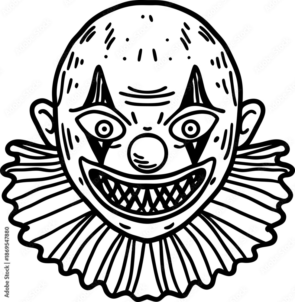 Fototapeta premium Scary clown face with sharp teeth and ruffled collar in black and white line art