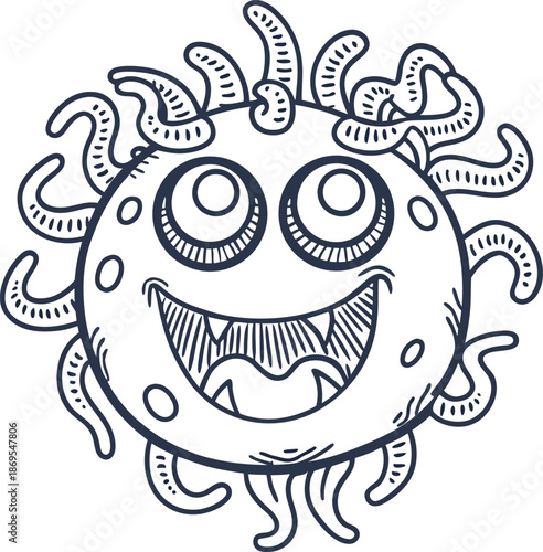 Happy virus character with many tentacle like limbs and big eyes