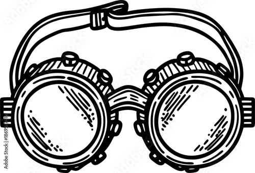 vintage steampunk goggles with round lenses and adjustable strap in black sketch