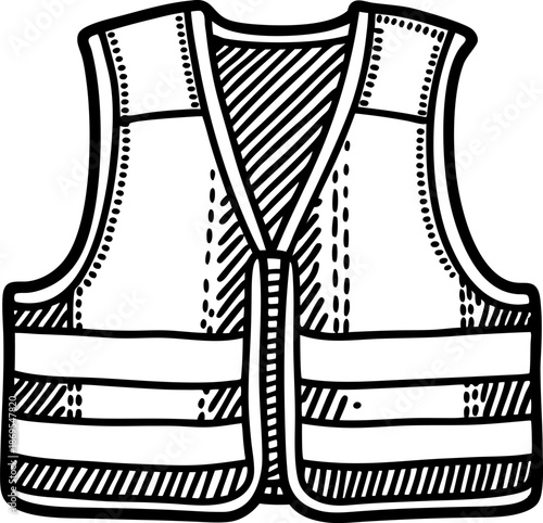 Safety vest illustration, high visibility sleeveless outerwear, protection gear symbol, line art drawing
