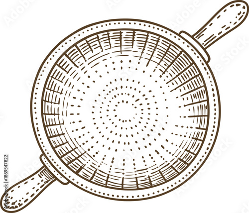 Vintage kitchen strainer with handles, hand drawn sieve illustration for cooking and baking