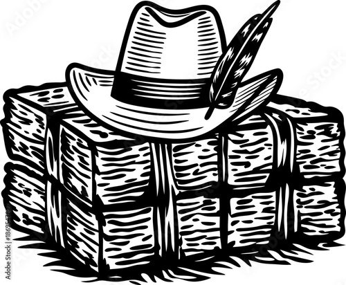 Cowboy hat with feather resting on stacked bales of hay illustration in rustic