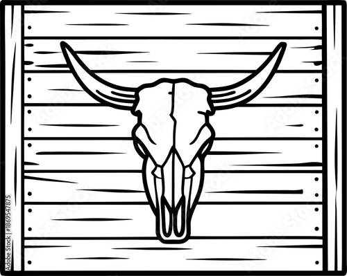 Longhorn skull mounted on wooden wall panel black and white western symbol