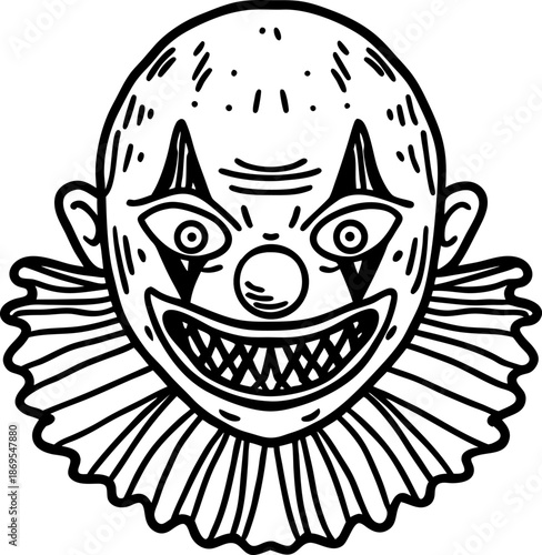 Scary clown face with sharp teeth and ruffled collar in black and white line art