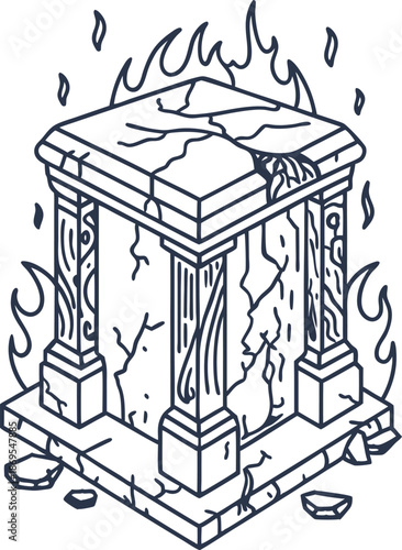 Ancient stone pedestal with cracks and flames, mystical burning altar illustration