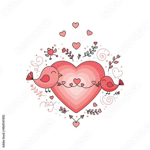 Two birds perched on a heart surrounded by hearts and flowers illustration