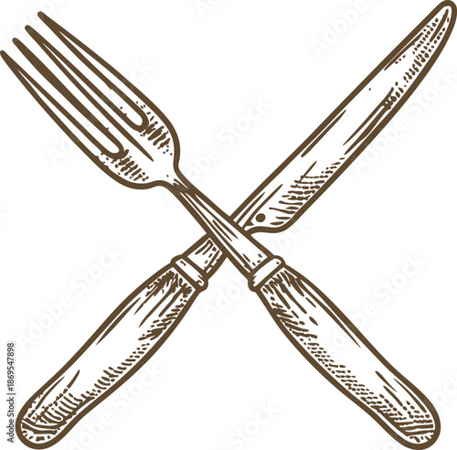 Crossed fork and knife vintage illustration hand drawn cutlery utensils isolated on white background