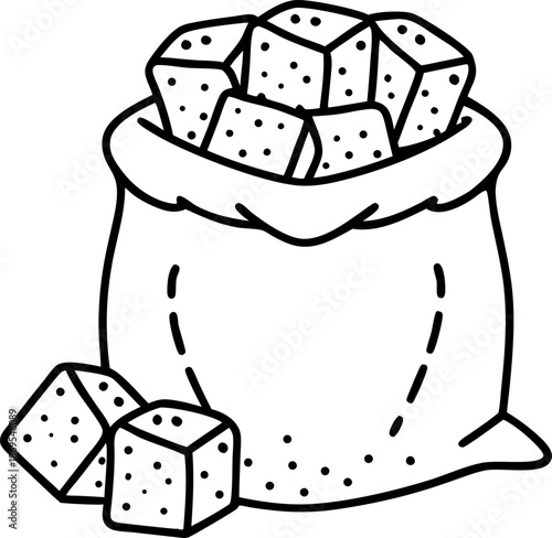 Sack filled with sugar cubes spilling out, simple black and white outline illustration of sweetener