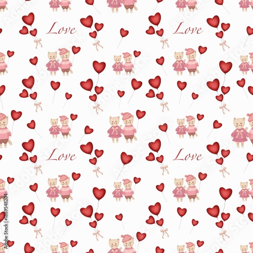 Seamless Valentine’s Day pattern with cute teddy bears in pink outfits and red heart balloons. Romantic, playful design on a white background, perfect for kids products, wrapping paper, textiles