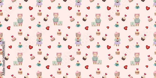Adorable seamless pattern featuring cute kittens in cozy sweaters with red heart balloons and sweets on a soft pink background. Perfect for Valentine's Day gifts, nursery decor, and textiles.