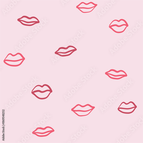 Cute seamless Valentine’s Day vector pattern with kiss marks or lip outlines on a pink background. Playful, romantic, and modern minimalist design
