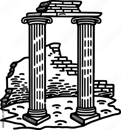 Ancient roman ruins with two standing columns and weathered brick wall remains
