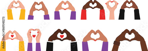 Hands of different skin tones forming hearts with fingers heart shape colorful sleeves