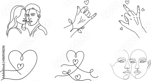 A collection of minimalist continuous line art illustrations depicting love and affection