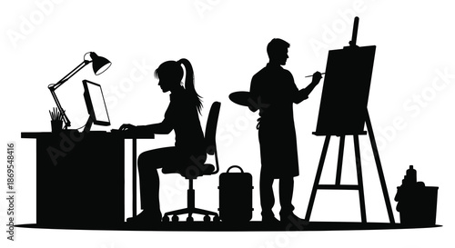 Artist and writer working in a studio a creative workspace silhouette