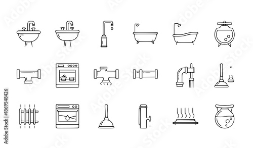 Minimal plumbing and bathroom equipment line icons editable stroke