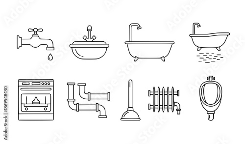 Bathroom plumbing outline icons editable stroke minimal vector set