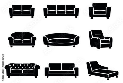 Solid icon furniture set featuring various sofas, armchairs, and a chaise lounge for home decor and interior design