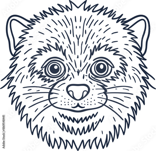 wolverine face line art drawing with detailed fur, eyes, and nose close up illustration