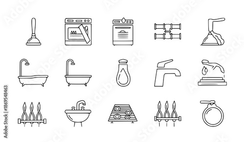 Plumbing line icon set with bathroom equipment editable stroke vector